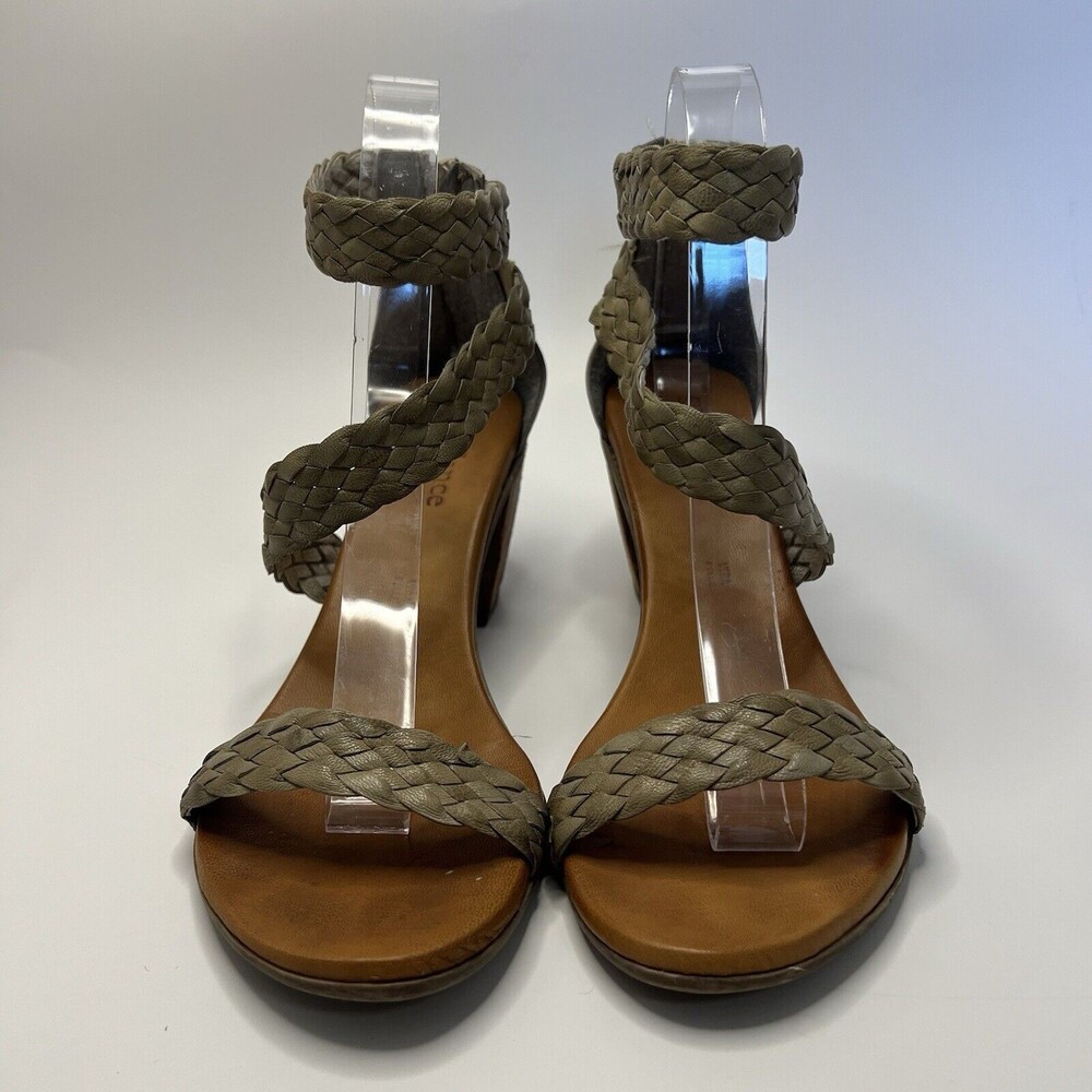 Sundance Sandal Women's US 7.5 -8 Green Brown Strappy Woven Leather Heel Shoes - Picture 2 of 16
